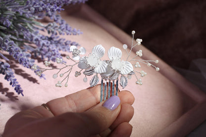 White Porcelain Flower Bridal Comb, Silver Wedding Hair Piece