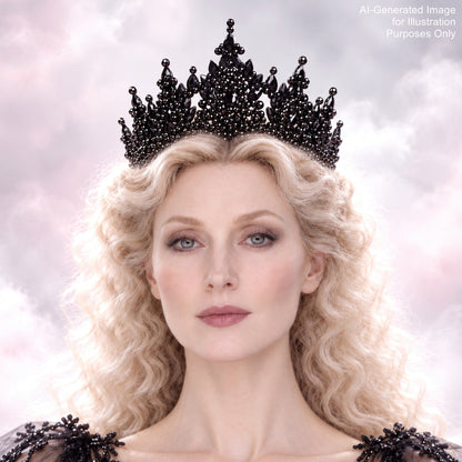 A woman with blonde curly hair wearing a black crown with a black beaded design on top of her head.