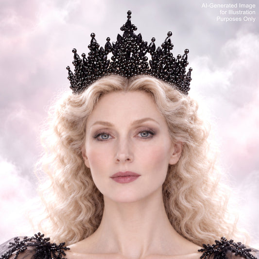 A woman with blonde curly hair wearing a black crown with a black beaded design on top of her head.
