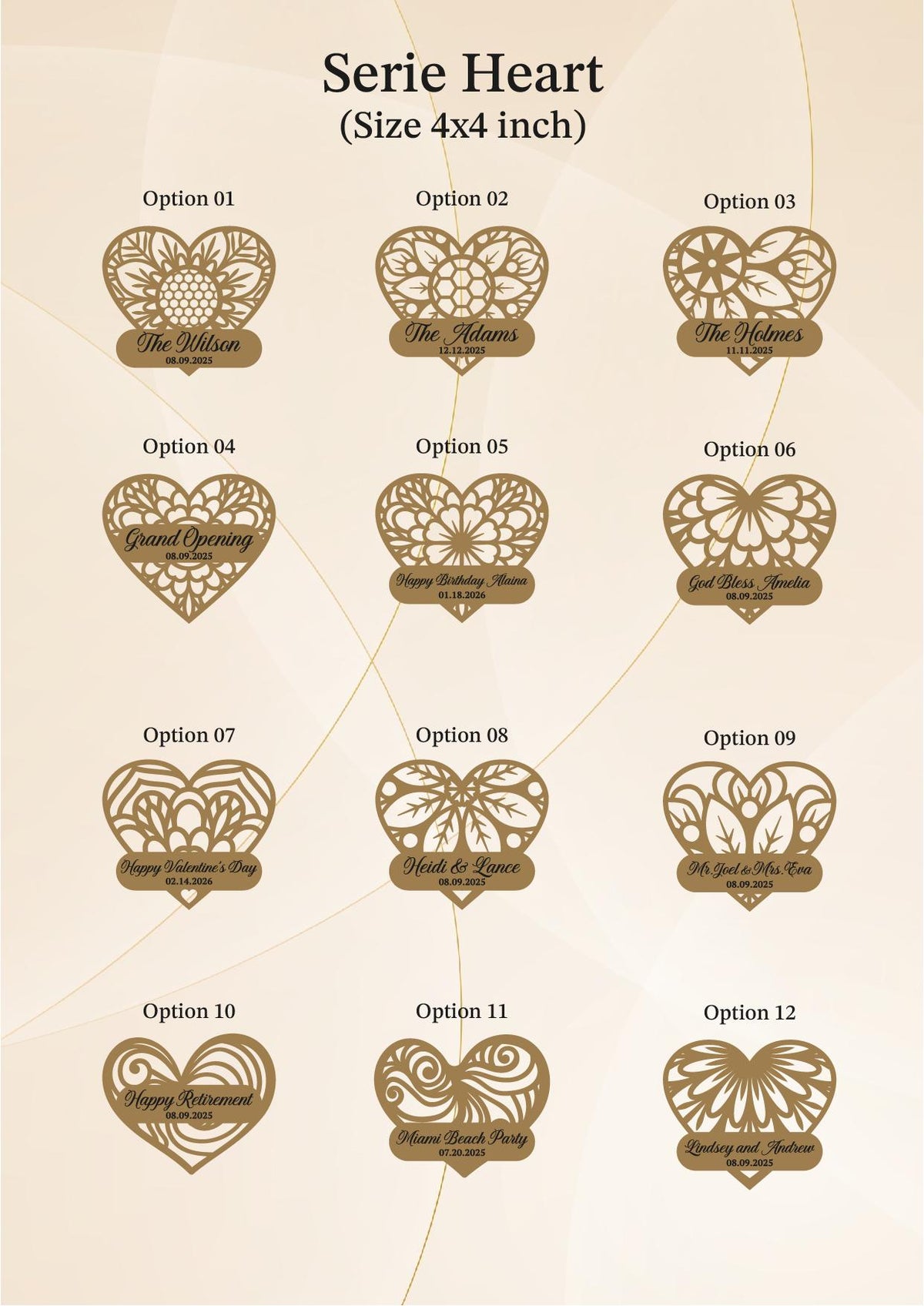 a series of hearts with the names of each heart