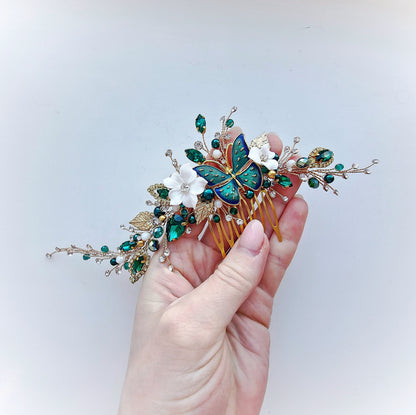 Gold Emerald Butterfly Wedding Hair Comb, Crystal Flower Bridal Accessory, 7 Inch