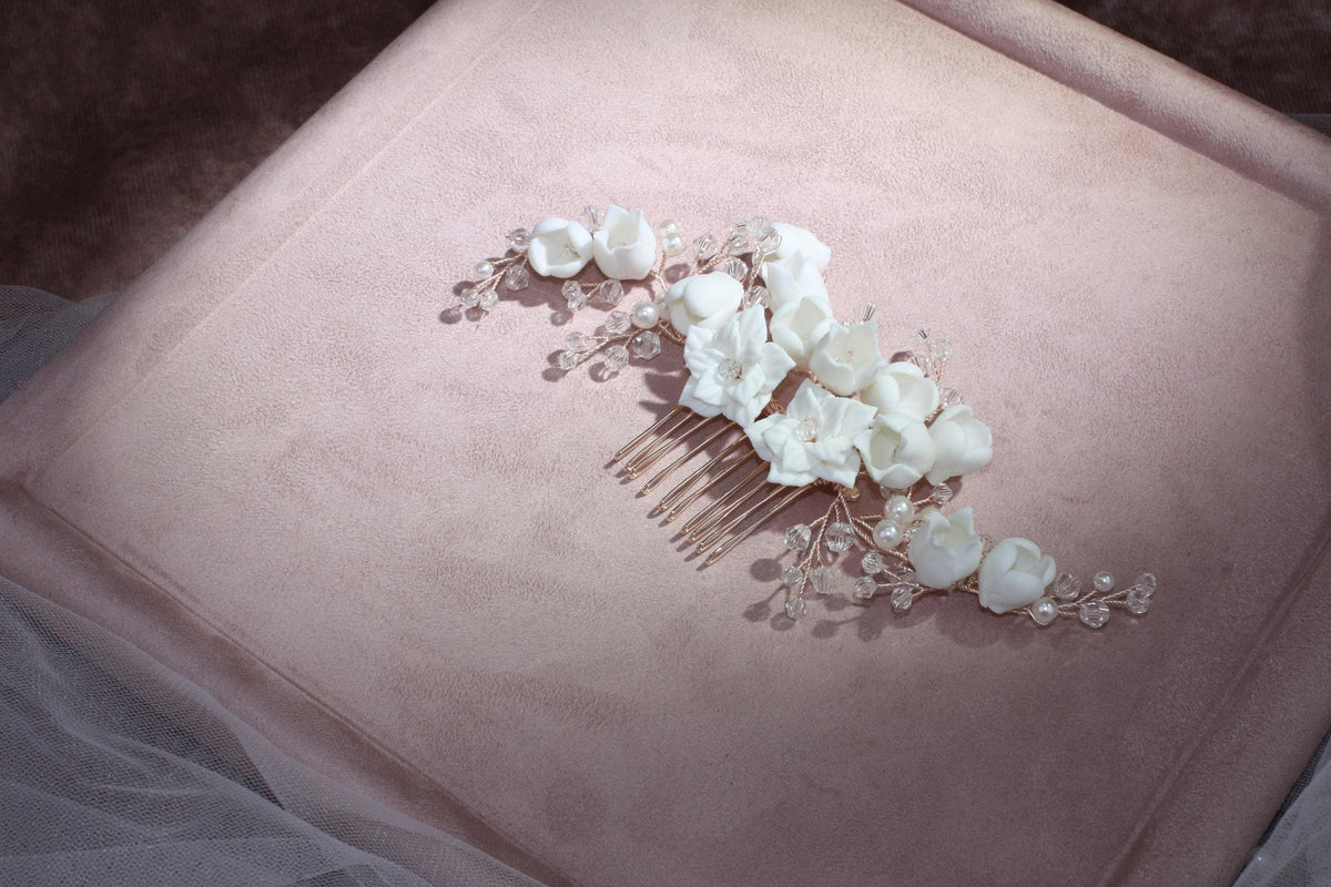 White Porcelain Flower Wedding Hair Comb, Rose Gold Bridal Hairpiece