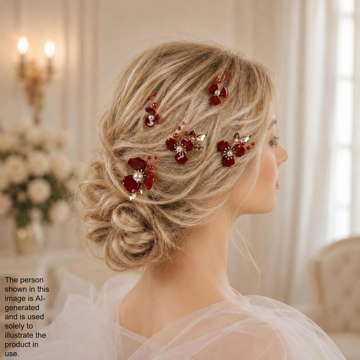 A woman with blonde hair styled in a bun, adorned with red flower hair clips.