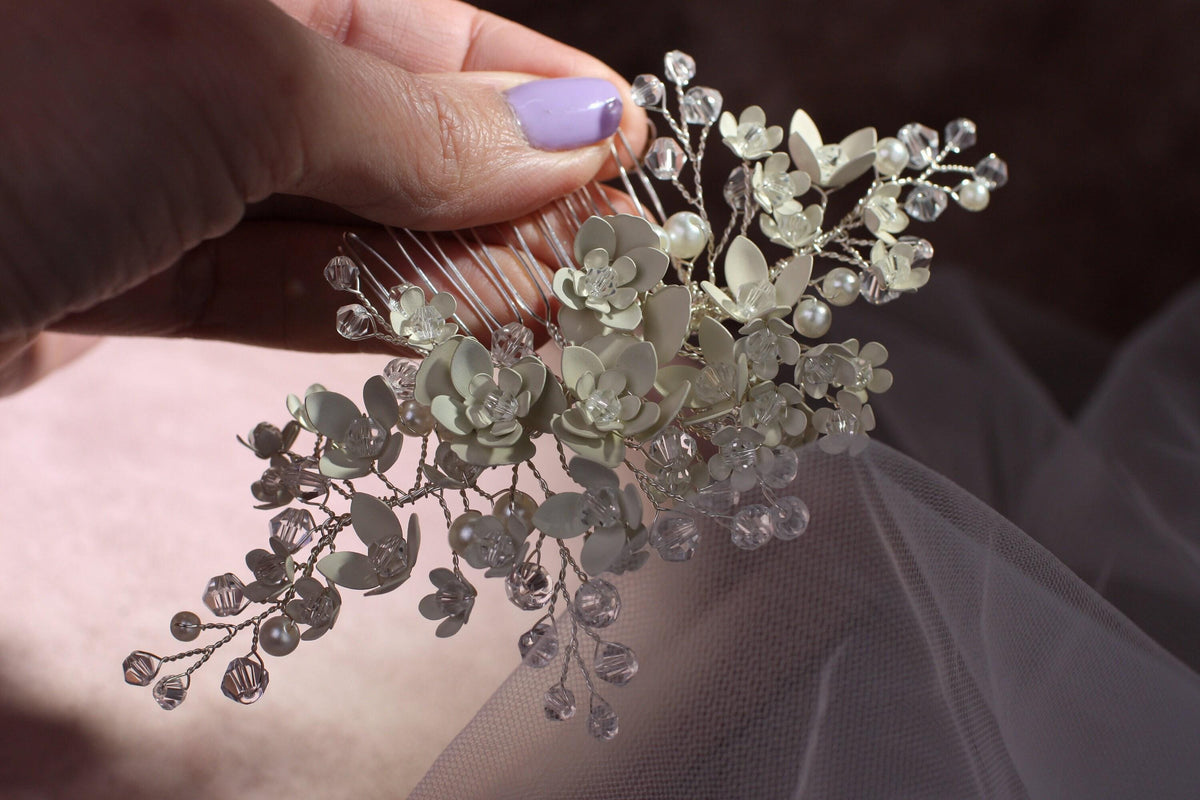 Silver Floral Wedding Hair Comb, Crystal Bridal Hairpiece