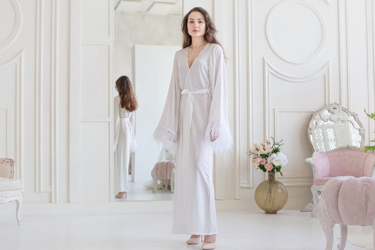 White Feather Bridal Robe, Italian Satin Wedding Kimono, Glamorous Honeymoon Gown