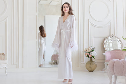White Feather Bridal Robe, Italian Satin Wedding Kimono, Glamorous Honeymoon Gown