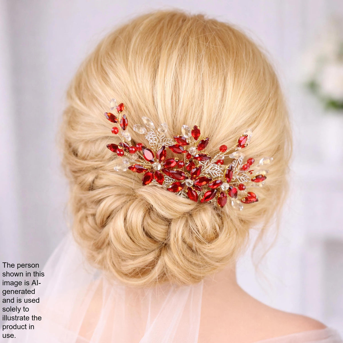 A close-up of a woman's blonde hair with a decorative hair accessory featuring red gemstones.