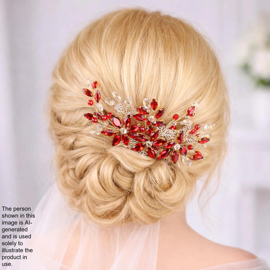 A close-up of a woman's blonde hair with a decorative hair accessory featuring red gemstones.