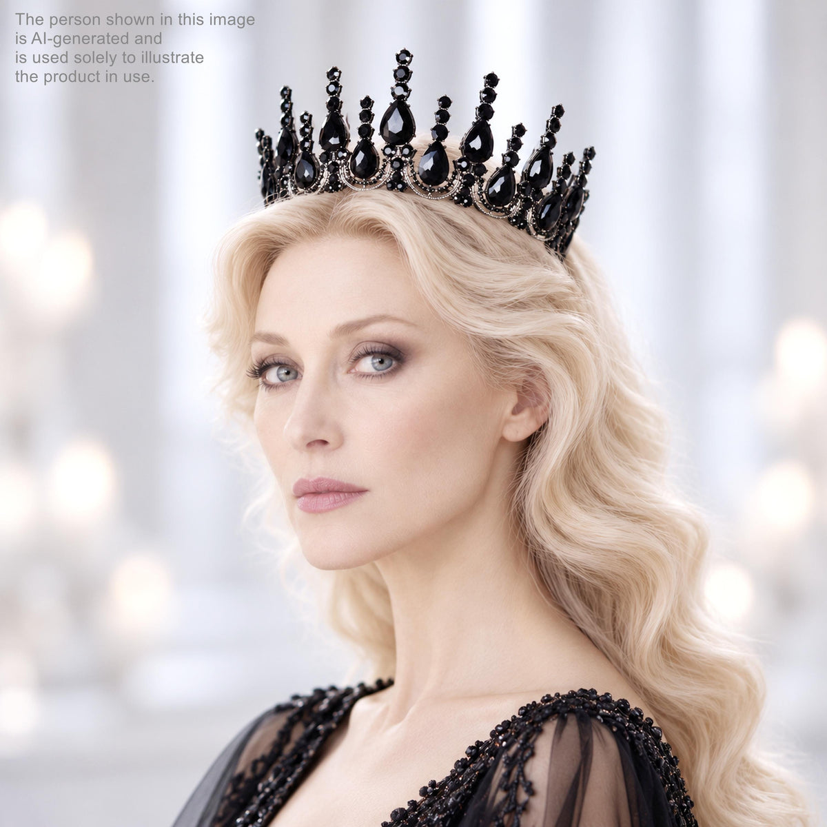 A woman with blonde hair wearing a black crown-like headpiece, looking directly at the camera with a serious expression.