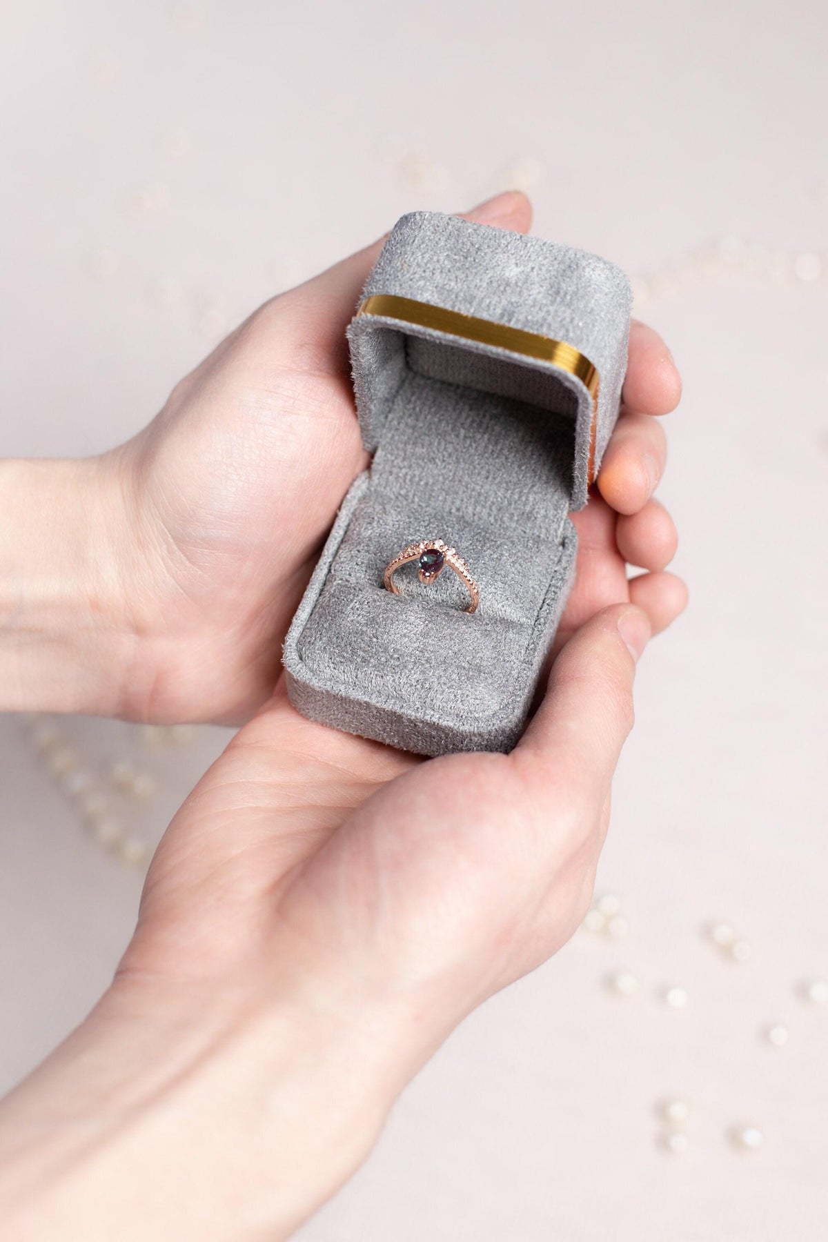 Teardrop Alexandrite Engagement Ring: Rose Gold Plated Sterling Silver
