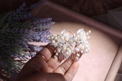 Rose Gold Flower Bridal Comb, Pearl Wedding Hair Piece, 6 Inch