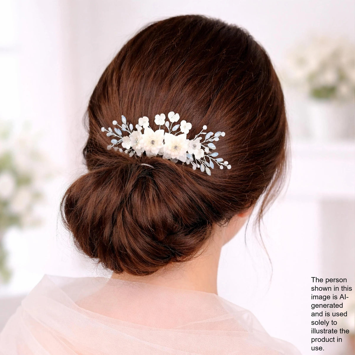 a woman's back view with her hair styled in a bun, featuring a decorative hair accessory with white flowers.