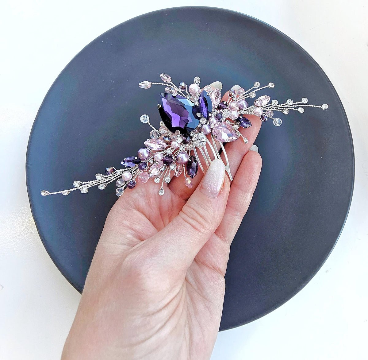 Purple Crystal Bridal Hair Comb, Silver Wedding Hairpiece, 6 Inch
