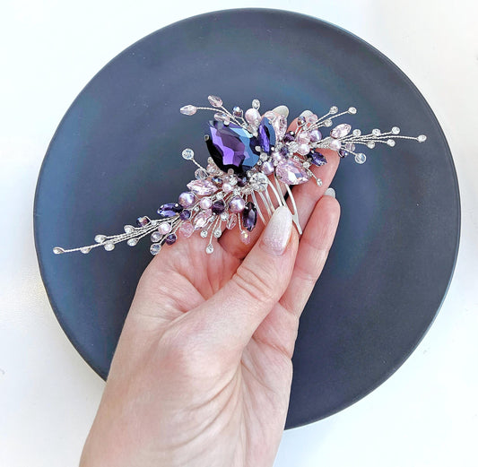 Purple Crystal Bridal Hair Comb, Silver Wedding Hairpiece, 6 Inch