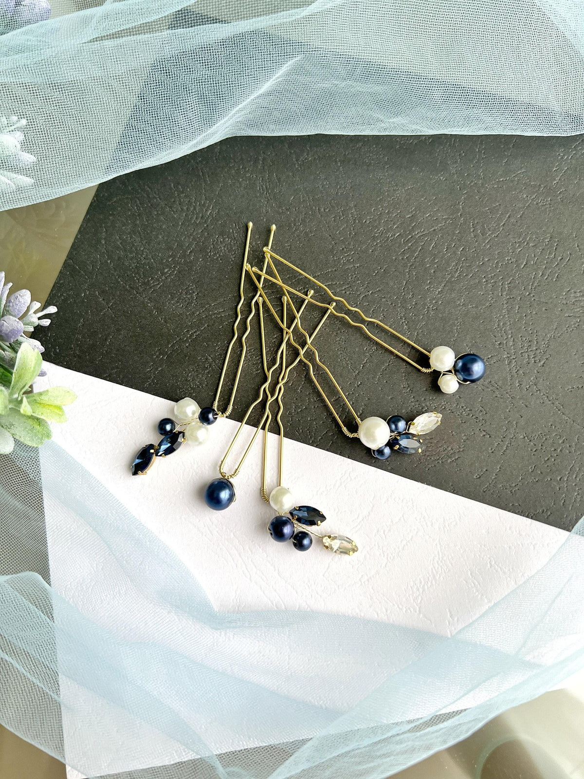 Pearl Blue Bridal Hair Pins Set of 5, Crystal Wedding Hairpiece, Something Blue Pins
