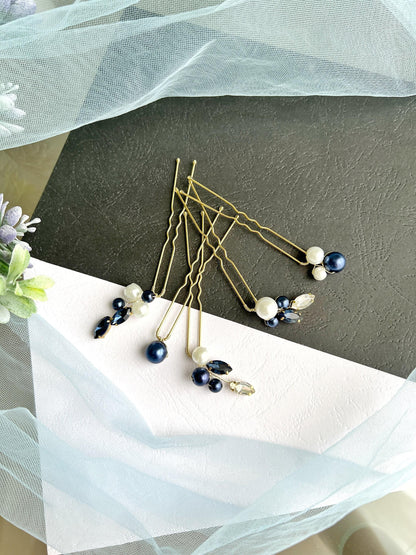 Pearl Blue Bridal Hair Pins Set of 5, Crystal Wedding Hairpiece, Something Blue Pins