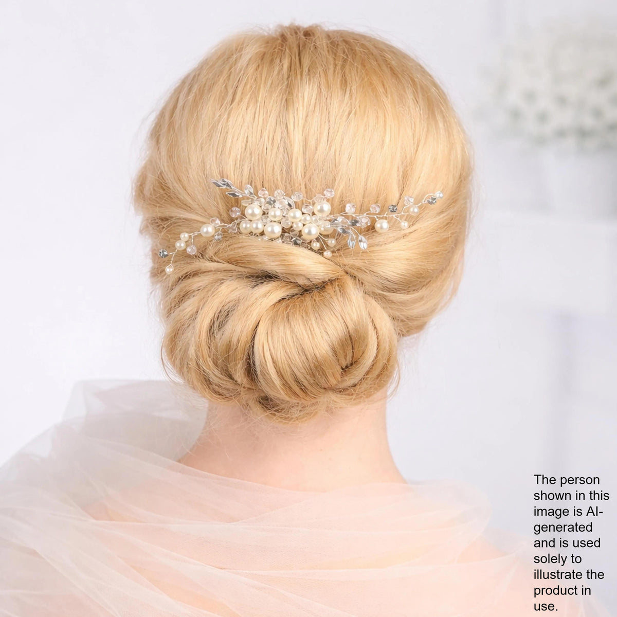 the back view of a woman's blonde hair with a decorative hair accessory, such as a flower or crystal piece, pinned to the side.