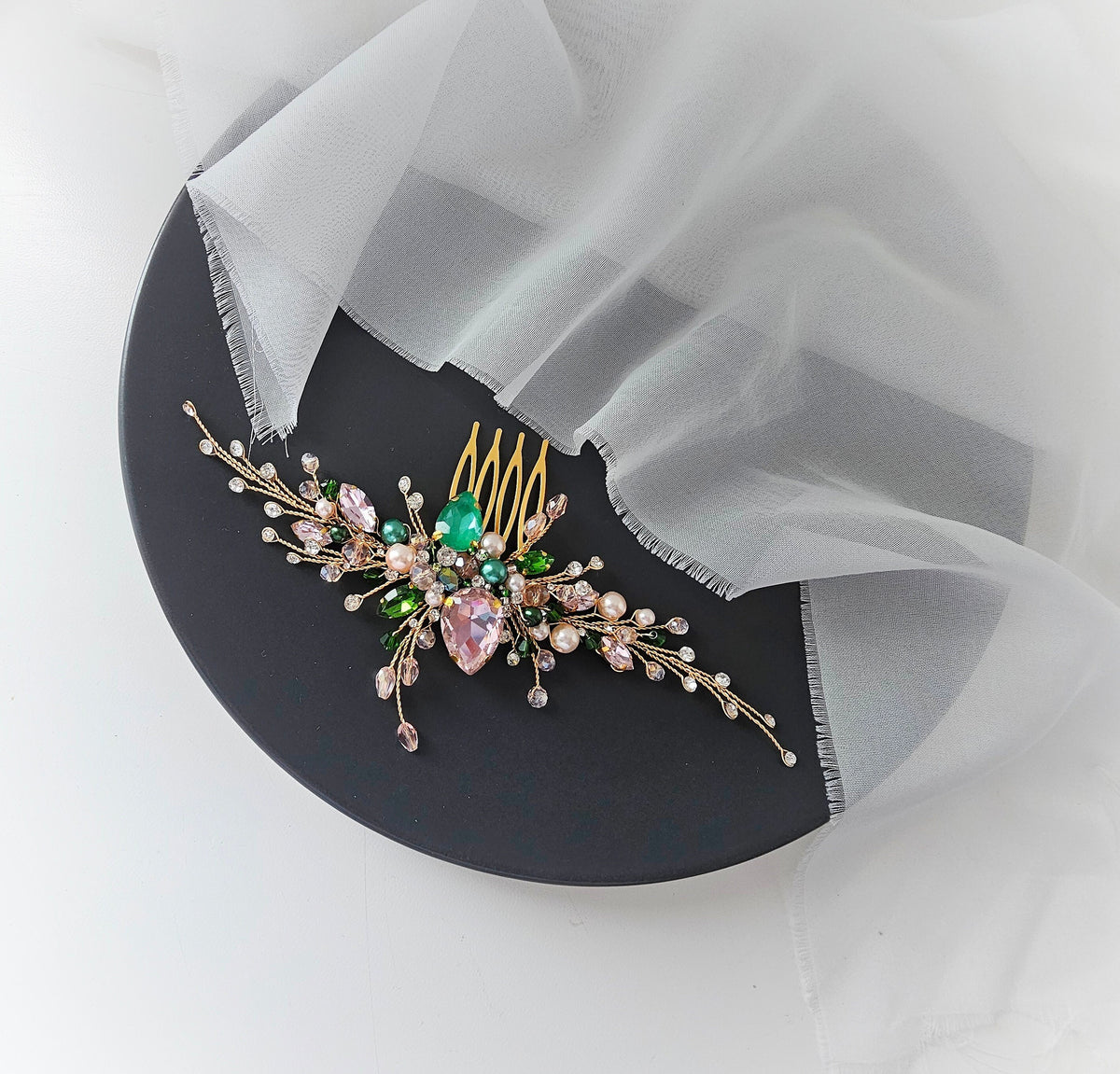 Gold Pink & Green Crystal Bridal Hair Comb, Wedding Hairpiece, 6 Inch