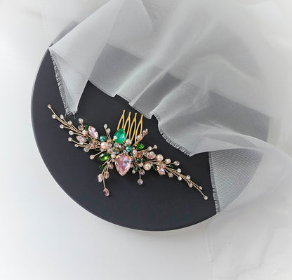 Gold Pink & Green Crystal Bridal Hair Comb, Wedding Hairpiece, 6 Inch