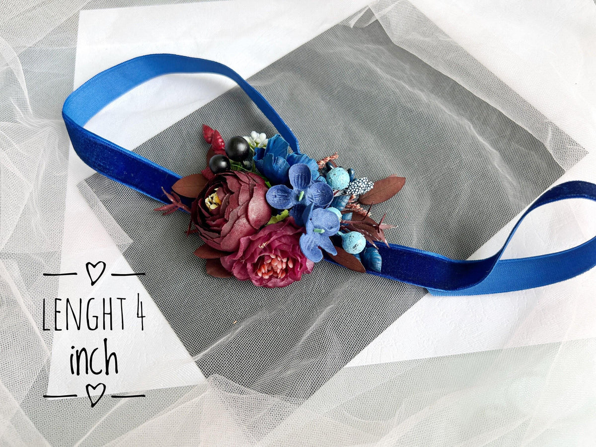 Burgundy Rose Groom Boutonniere, Navy Accents, Handmade