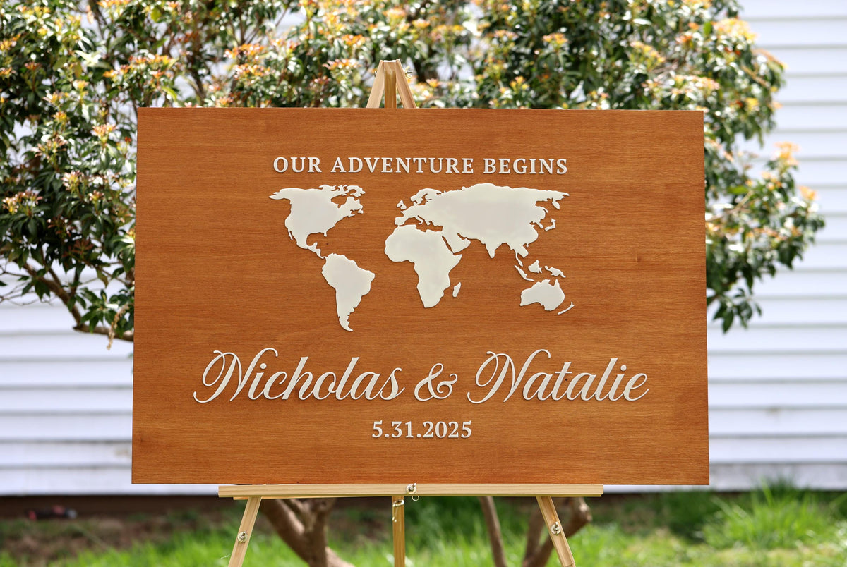 a wooden sign with a world map on it