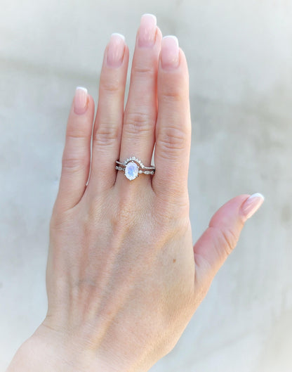 Moonstone Engagement Ring Set: Sterling Silver Rhodium Crown