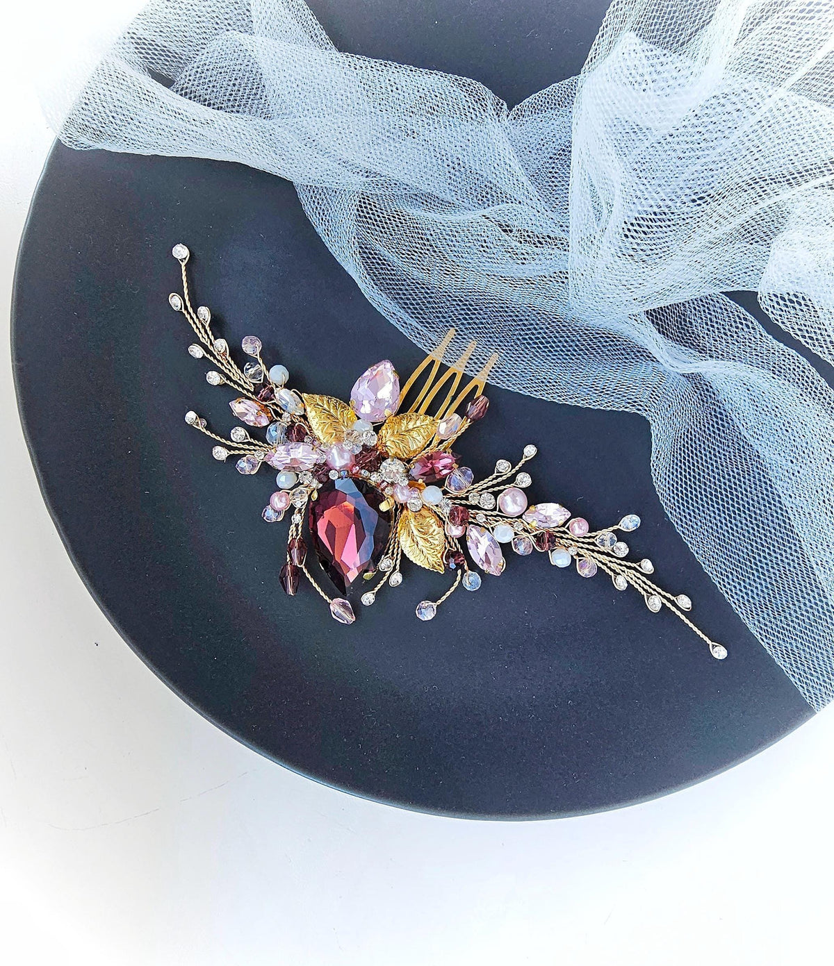 Burgundy Crystal Wedding Hair Comb, Gold & Pink Bridal Piece, 6 Inch