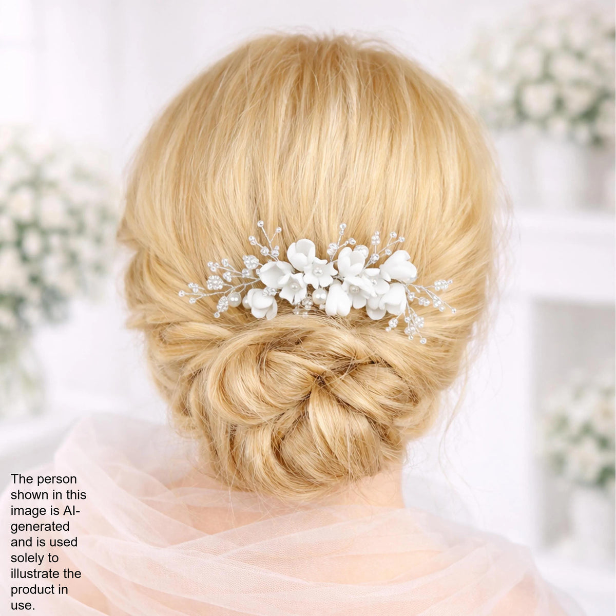 a woman's blonde hair styled in a bun with a decorative flower hair accessory.