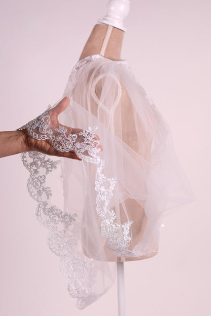 A hand is holding a delicate white lace veil with intricate floral patterns, which is displayed on a mannequin.