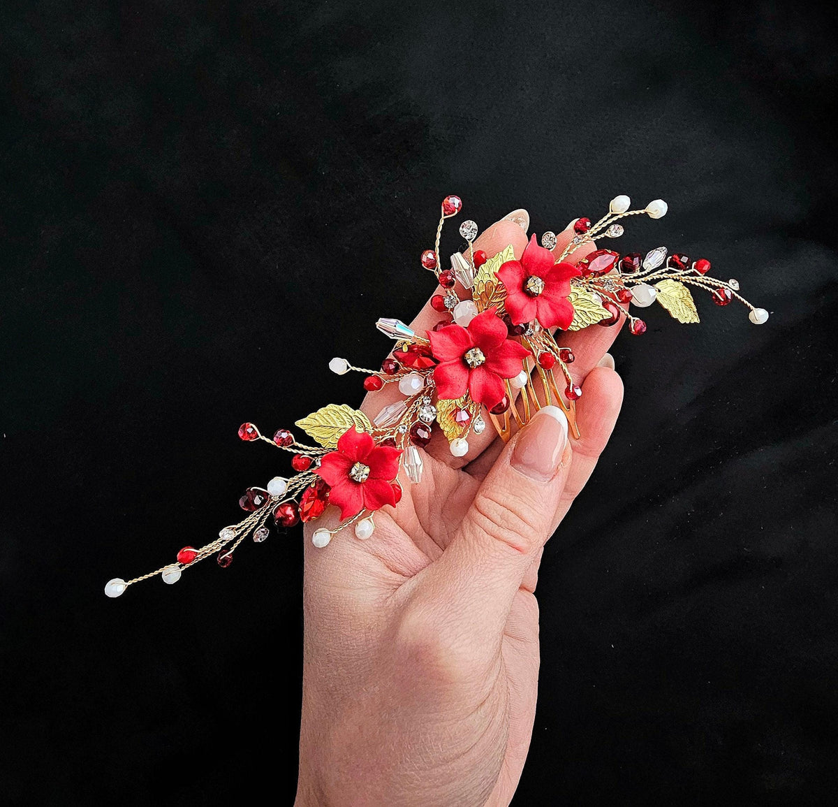 Red Floral Wedding Hair Comb. Elegant Bridal or Prom Hairpiece. Handmade Wedding Accessory for Brides & Bridesmaids