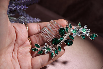 Emerald Crystal Wedding Hair Comb, Silver Floral Bridal Hairpiece