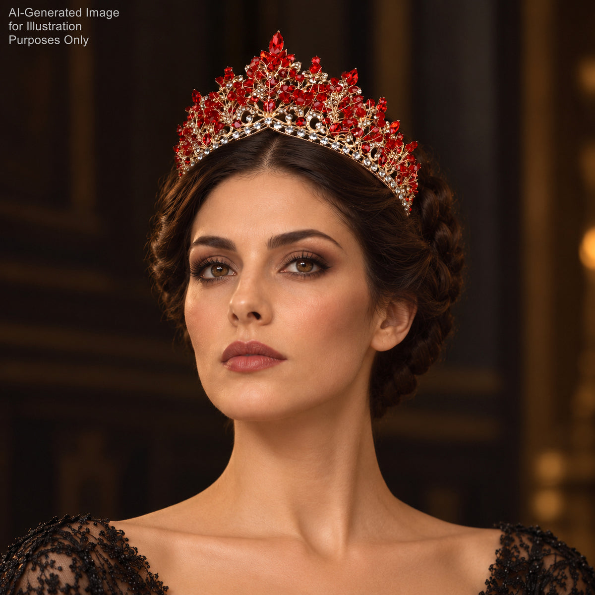 A woman wearing a red and gold crown with red gemstones on top, posing for a portrait.