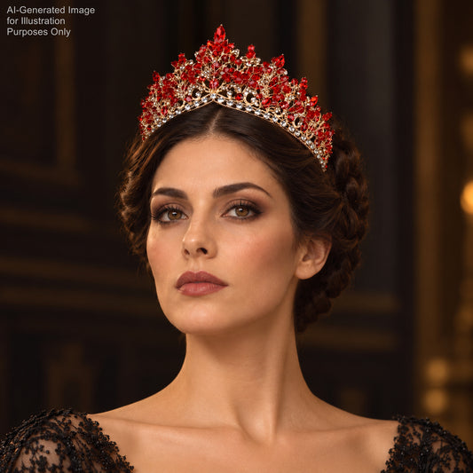 A woman wearing a red and gold crown with red gemstones on top, posing for a portrait.