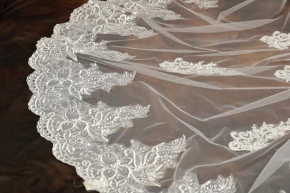 a close-up view of a delicate, white lace veil with intricate floral patterns. The veil appears to be made of sheer fabric, giving it a delicate and elegant appearance.
