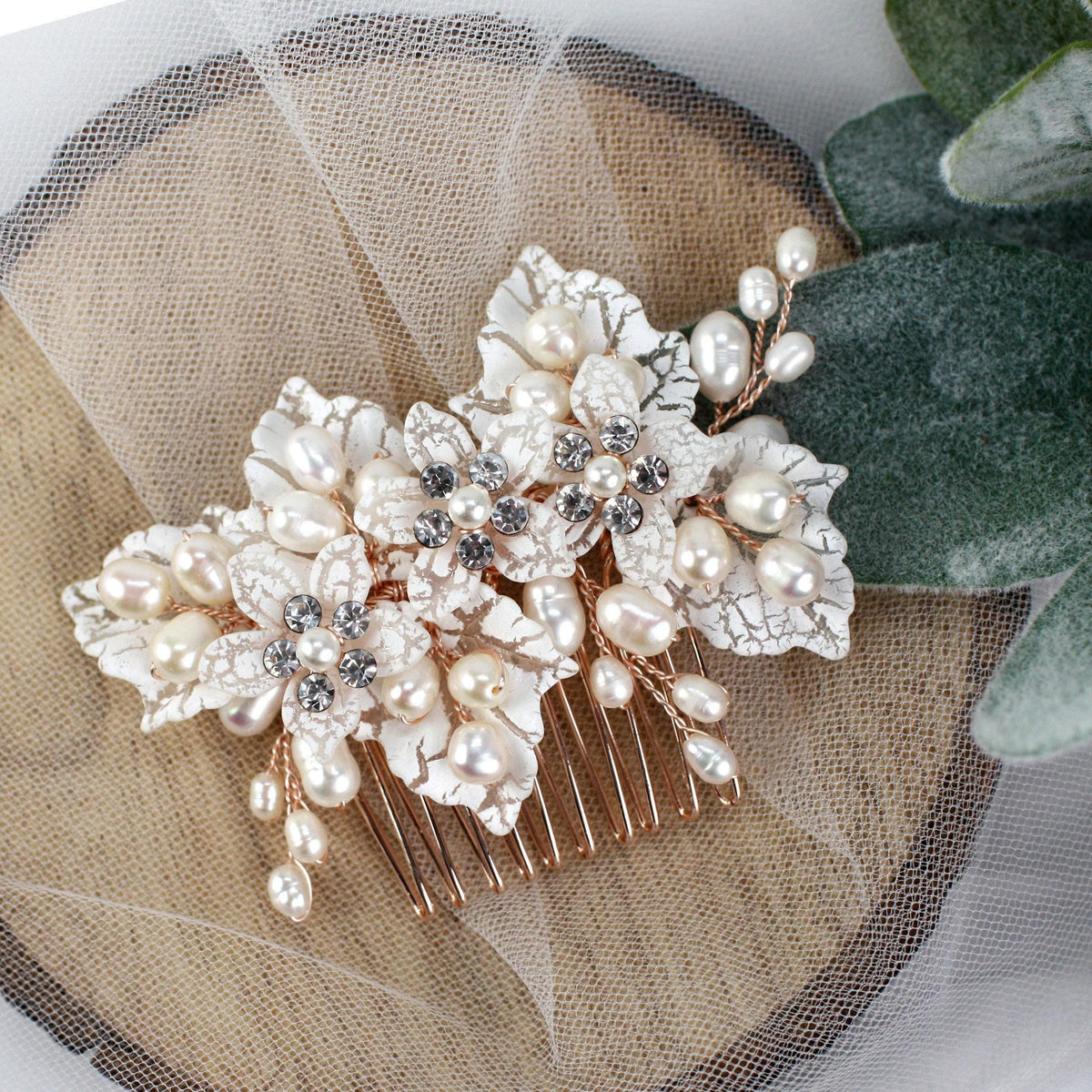 Rose Gold Flower Bridal Comb, Pearl Wedding Hair Piece, 6 Inch