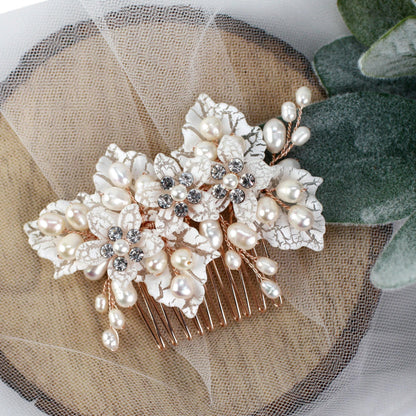Rose Gold Flower Bridal Comb, Pearl Wedding Hair Piece, 6 Inch