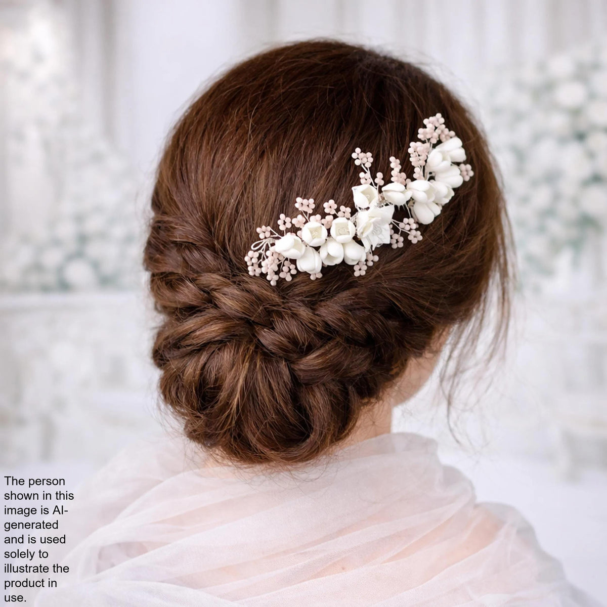 a woman's back view with her hair styled in a bun, adorned with a decorative flower hair accessory.