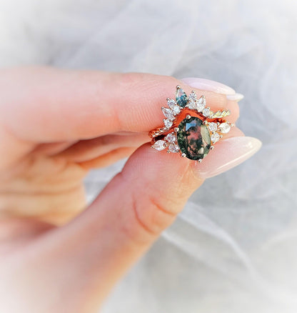 Moss Agate Engagement Ring Set: Rose Gold Plated Twisted 925 Silver Wedding Band