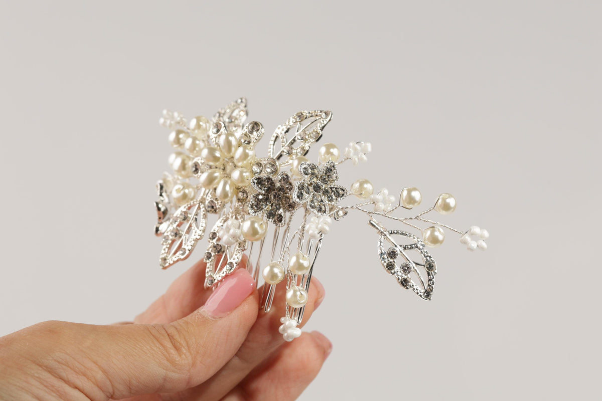 Pearl Floral Bridal Hair Comb, Silver Wedding Hairpiece