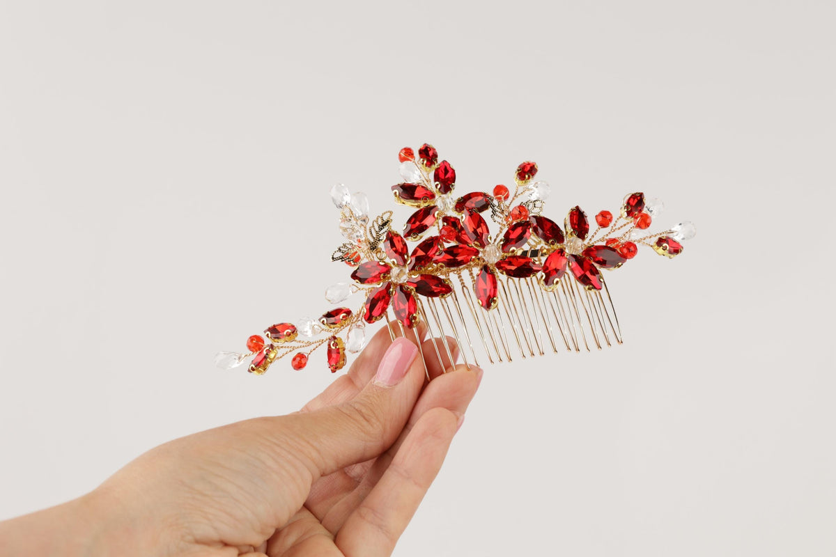 Red Crystal Floral Bridal Hair Comb, Gold Rhinestone Wedding Hairpiece