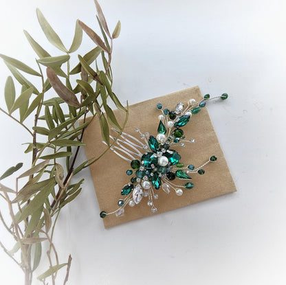 Emerald Crystal Bridal Hair Comb, Silver Wedding Hair Piece, Pearl Hair Jewelry