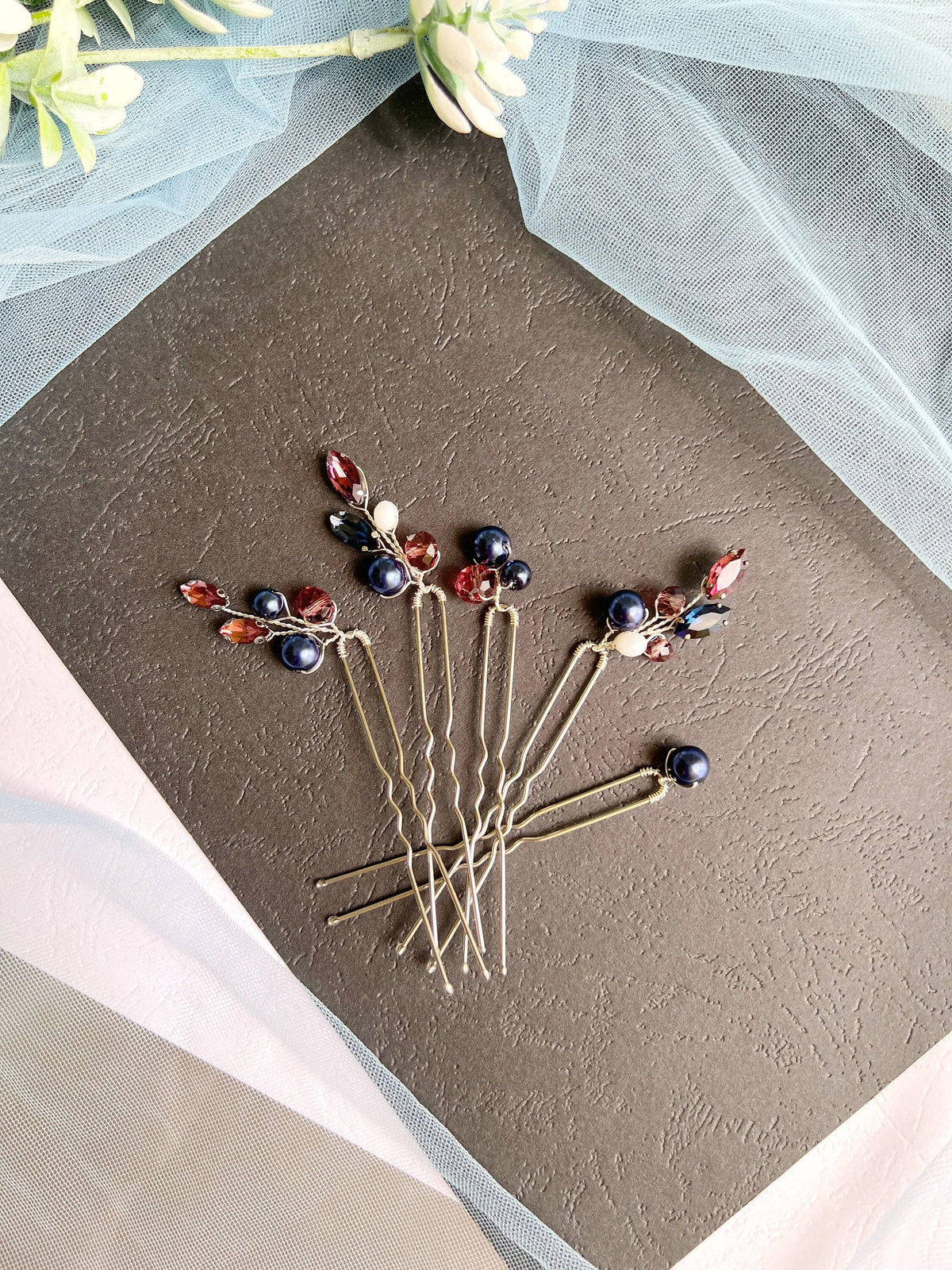 Wine Blue Crystal Pearl Wedding Hair Pins, Bridal Hairpiece Set, Elegant Updo Pins