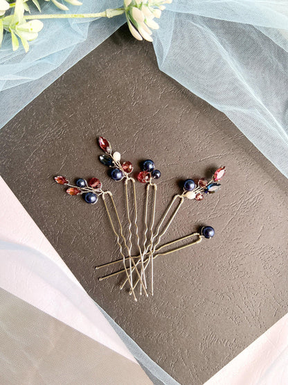 Wine Blue Crystal Pearl Wedding Hair Pins, Bridal Hairpiece Set, Elegant Updo Pins