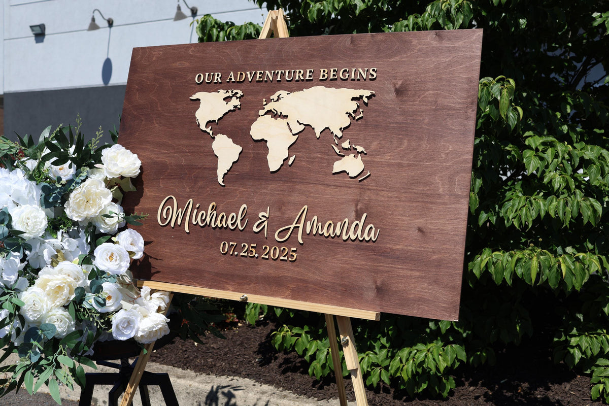 a wooden sign with a map of the world on it