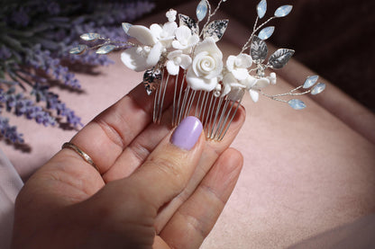 White Flower Bridal Comb, Silver Wedding Hair Accessory