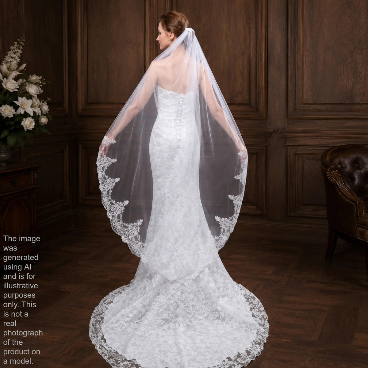 A bride in a white lace wedding dress stands in a room with a wooden paneled wall, her back to the camera, wearing a long white veil with lace trim.