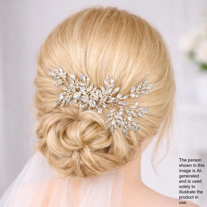 A close-up view of a woman's blonde hair with a decorative hair accessory featuring small, sparkling crystals.