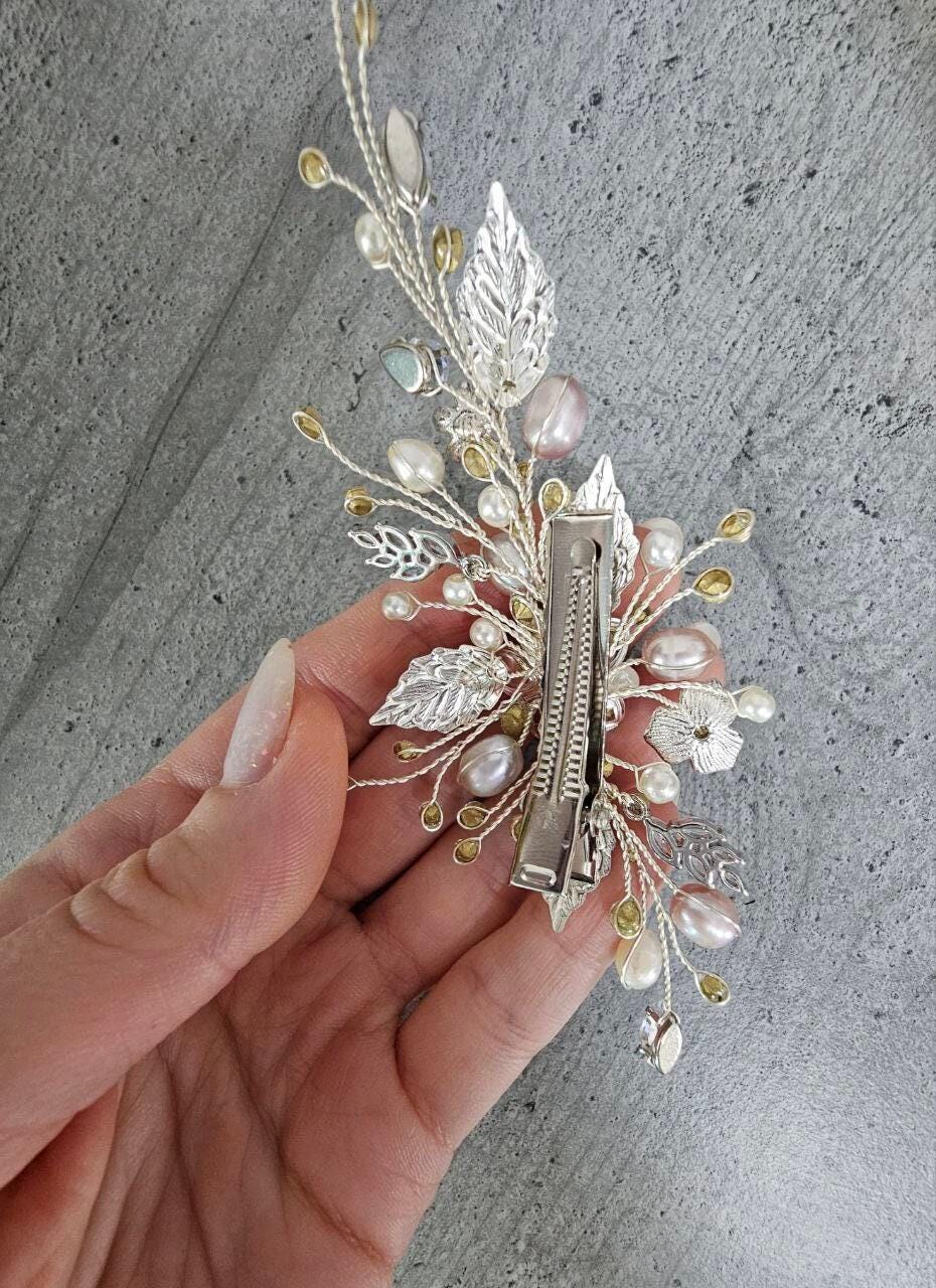 Silver Pearl Wedding Hair Clip, Bridal Hair Jewelry