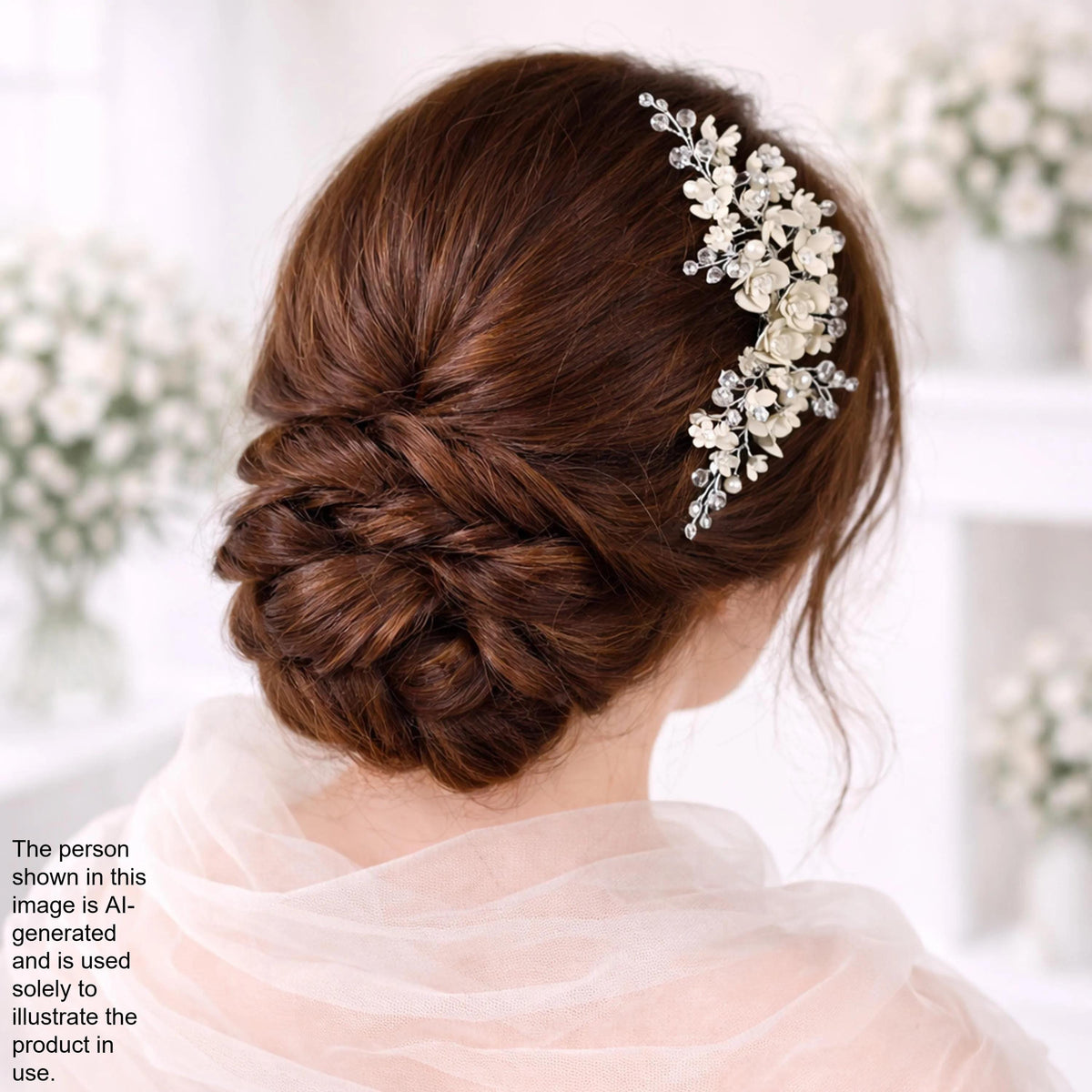 a woman's back view with her hair styled in a bun and adorned with a decorative hair accessory featuring white flowers.
