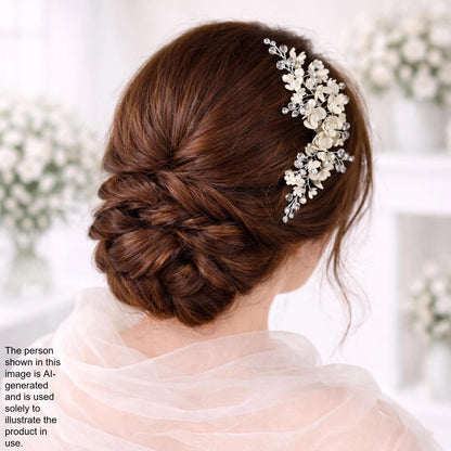 a woman's back view with her hair styled in a bun and adorned with a decorative hair accessory featuring white flowers.